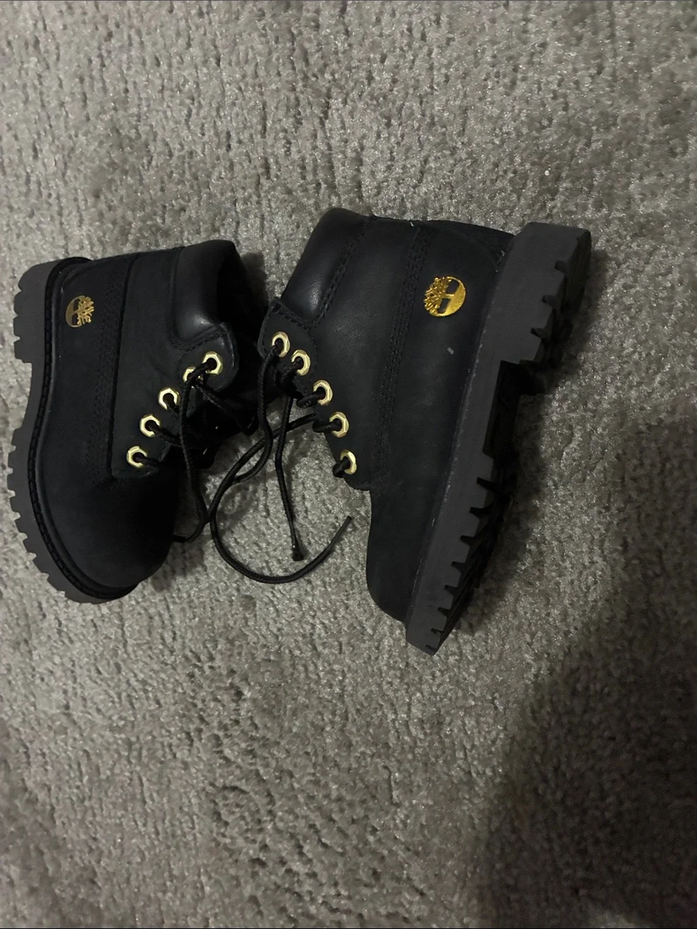 Timberland Kids Black Leather Boots with Gold Eyelets *New*